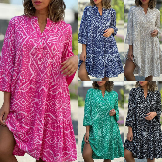 ✨ Rochie lejeră de vară femei cu imprimeu geometric, decolteu V, mâneci clopot și croială vaporoasă