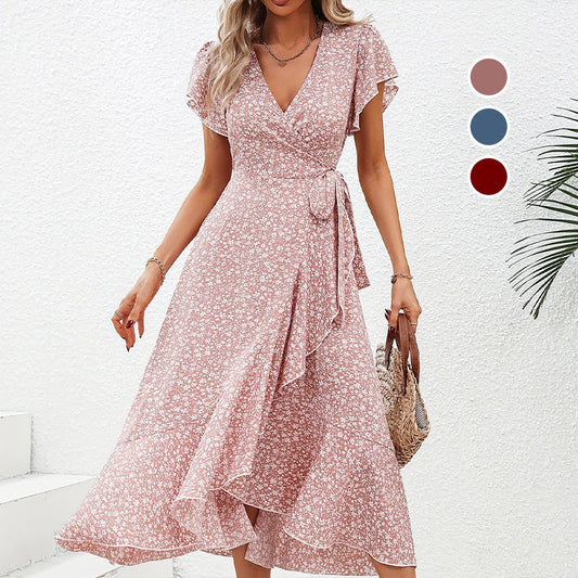 🌹 Rochie elegantă de vară femei confortabilă, decolteu V, talie legată și imprimeu floral fluid