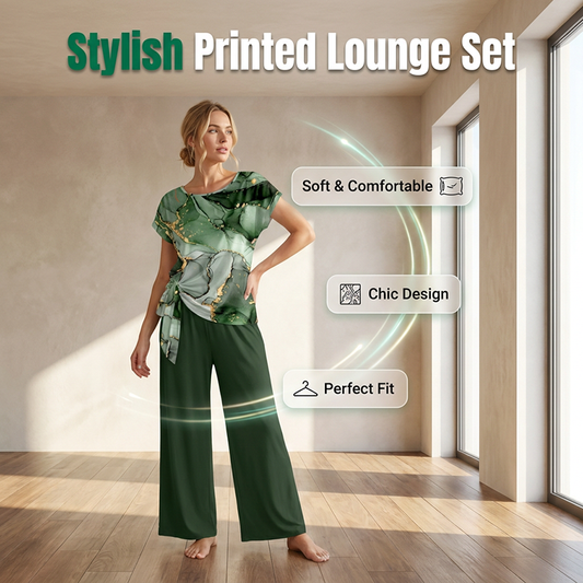 🏠Indispensabil pentru acasă😍 Set de două piese elegant pentru femei, cu imprimeu (bluză elegantă cu imprimeu + pantaloni largi, simpli și lejer)