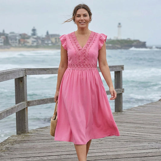 👗 REDUCERE 40% ACUM! 🌸 Rochie elegantă femei cu decolteu V și mâneci cu volane, ușoară romantică, potrivită pentru nunți și petreceri de vară