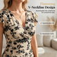 🌷 Rochie înfășurată femei de vară, decolteu V, mâneci cu volane și imprimeu floral, confortabilă