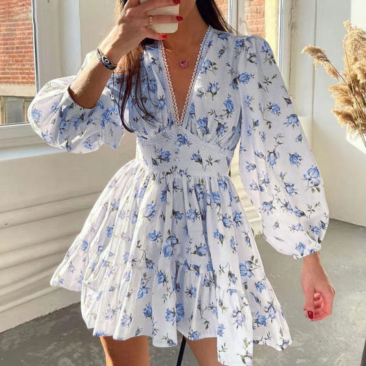 Rochie mini pentru femei, cu decolteu în V și imprimeu floral