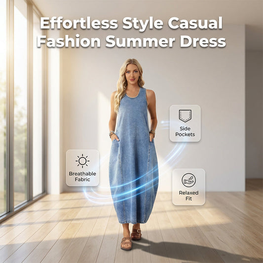 Rochie maxi de blugi femei fără mâneci, cu buzunare, croială lejeră confortabilă
