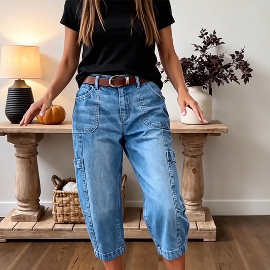 👖 REDUCERE LIMITATĂ ÎN TIMP DE 45%! ✨ Pantaloni de damă din denim, croiți, elastici, casual – Croială tip cilindru, talie medie, buzunare multiple