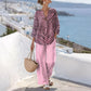 💗Eleganță eternă👉Set de două piese cu dungi pentru femei, de vară (bluză cu dungi, decolteu în V și mâneci largi + pantaloni largi, simpli, de culoare solidă)✨
