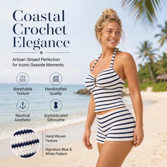 👙🌊Set de două piese pentru femei: tankini cu bretele în stil halter și dungi