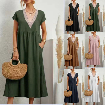 😍✨Rochie elegantă pentru femei, cu decolteu în V, mâneci scurte și croială lejeră👗