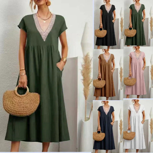 😍✨Rochie elegantă pentru femei, cu decolteu în V, mâneci scurte și croială lejeră👗