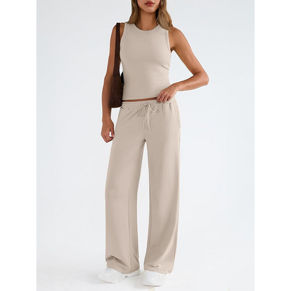 Set femei top fără mâneci și pantaloni cu talie înaltă casual vara