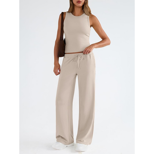 Set femei top fără mâneci și pantaloni cu talie înaltă casual vara