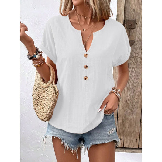 🌸 Bluză Casual cu Decolteu V & Nasturi Decorativi pentru Femei – Mânecă Scurtă, Confort Zilnic 👜