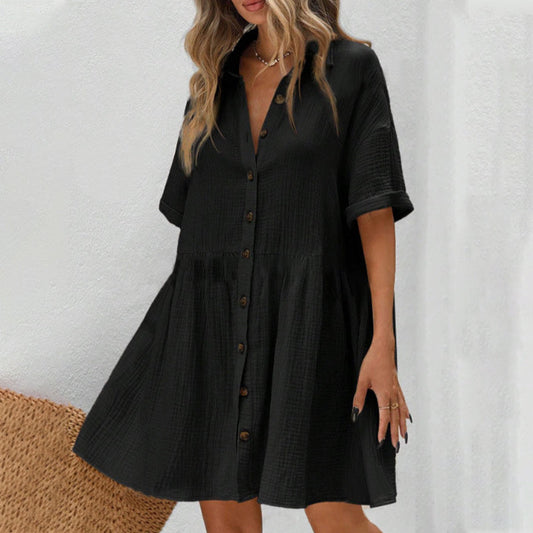 ✨ Rochie midi cu guler de cămașă, mânecă scurtă și nasturi