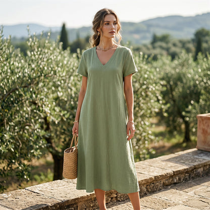 🌿 Rochie Maxi Damă Manecă Scurtă Decolteu V – Lejeră, Fluidă & Elegantă, S-2XL, 13 Culori 🎨