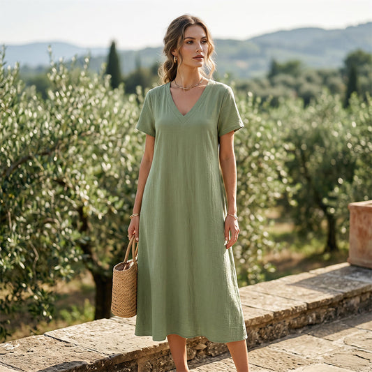 🌿 Rochie Maxi Damă Manecă Scurtă Decolteu V – Lejeră, Fluidă & Elegantă, S-2XL, 13 Culori 🎨
