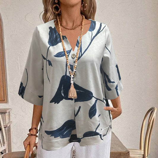 🌷 Bluza Lajera din Bumbac & In cu Imprimeu Floral – Decolteu V, Confortabila si Eleganta ✨