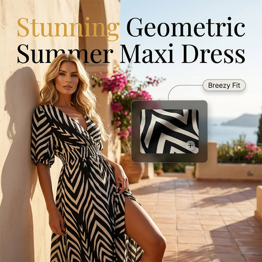 🌸 Rochie midi cu imprimeu geometric, decolteu V și talie elastică, rochie feminină elegantă pentru vară