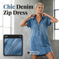 👙 Rochie Denim Casual cu Fermoar, Guler Rabatabil și Buzunare, Confortabilă și Elegantă ✨