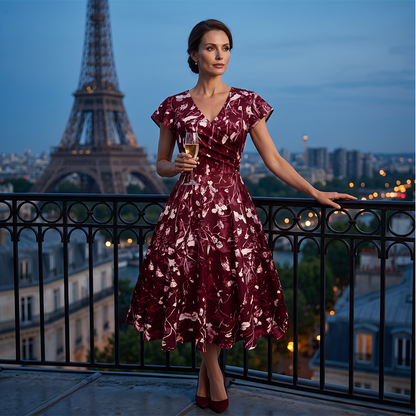 👗✨ Rochie Elegantă cu Imprimeu Floral pentru Femei — Stil Feminin, Confort și Buzunare Practice 🍷