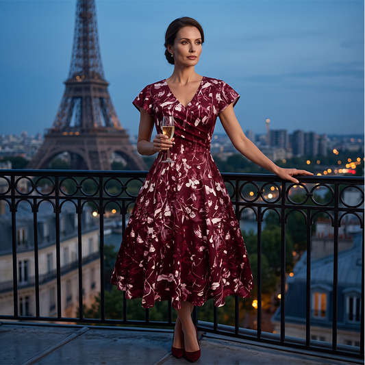 👗✨ Rochie Elegantă cu Imprimeu Floral pentru Femei — Stil Feminin, Confort și Buzunare Practice 🍷