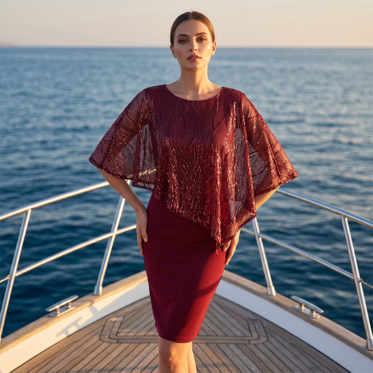 Rochie elegantă pentru femei cu paiete, pelerină asimetrică, croială subțire, lungime midi