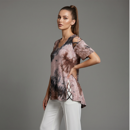 ✨Tricou Femei de Vara cu Decolteu V si Imprimeu Inimioare - Bretele cu Decupari, Fante Laterale | 6 Culori | S-5XL