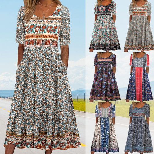 👗✨Rochie Femei cu Imprimeu Boem Floral – Decolteu Rotund, Mâneci Scurte, Buzunare | 6 Modele | S-4XL🌸