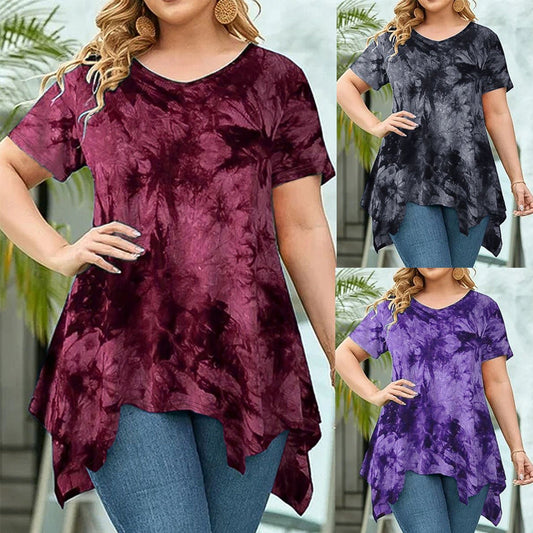 ✨ Bluză tie-dye cu decolteu V, croială neregulată lejeră, stil trendy de vară