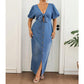 Rochie denim maxi cu decolteu V și legătură în față 🌸 Talie strânsă, lungime vaporoasă – Un vis denim pentru zile însorite ✨