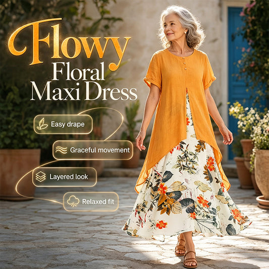 ✨ Rochie Casual Femei cu Imprimeu Floral și Aspect Stratificat Fals Două Piese – Tiv Asimetric | 5 Culori | M-5XL🌿