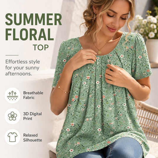🌸✨ Bluză Femei Gât Rotund Mânecă Scurtă Imprimeu Floral – Lejeră și Feminină În 4 Culori 🌿