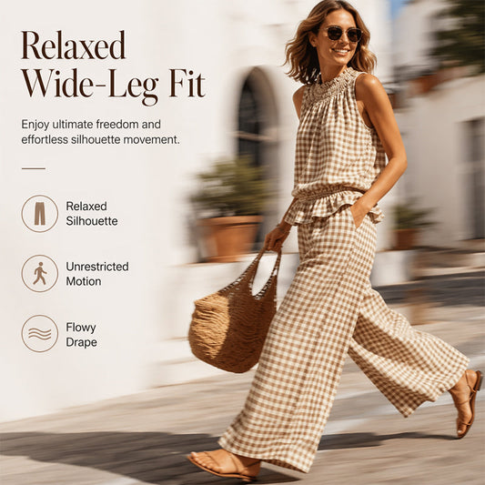 👗 Set de vară pentru femei, două piese, carouri — Top fără mâneci cu volane și pantaloni largi, co-ord