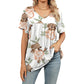👕 Tricou pentru femei cu decolteu în V, imprimat, casual, cu mânecă scurtă și pliuri