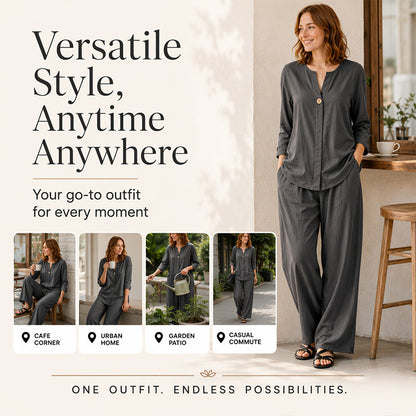 ✨👚 Set din două piese, elegant și lejer: cămașă cu detalii și pantaloni largi — croială lejeră, 8 culori, mărimi de la S la 3XL 🌿🧡