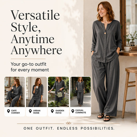 ✨👚 Set din două piese, elegant și lejer: cămașă cu detalii și pantaloni largi — croială lejeră, 8 culori, mărimi de la S la 3XL 🌿🧡