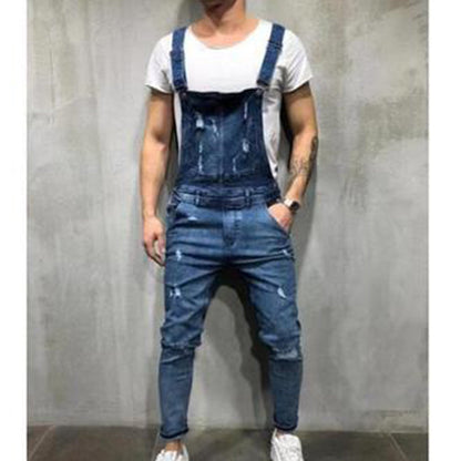 Mäns jeans-overall slitna trasiga hängselbyxor