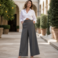🔥Nu de Ratat👖Pantaloni cu Talie Înaltă, Decor Contrastant, Croială Evazată – Cădere Elegantă, Siluetă Favorabilă