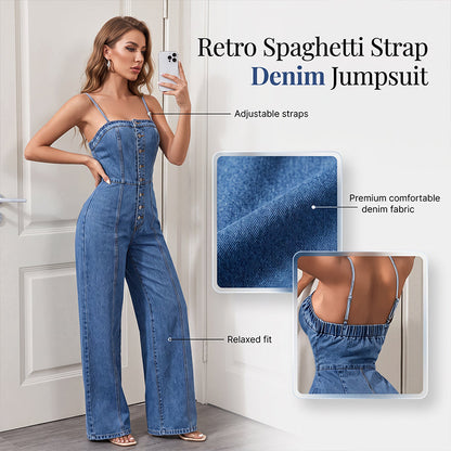 🎉 Vânzare 2026 — Peste 35 600 vândute!👖 Salopetă din denim cu bretele subțiri și picior larg pentru femei