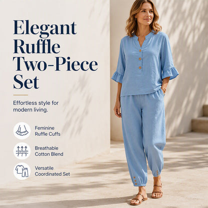 ✨ Set Elegant 2 Piese – Top cu Volănașe & Nasturi + Pantaloni Drepți, Linen-Like, Confortabil, 6 Culori, Mărimi S-3XL