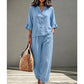 ✨ Set Elegant 2 Piese – Top cu Volănașe & Nasturi + Pantaloni Drepți, Linen-Like, Confortabil, 6 Culori, Mărimi S-3XL