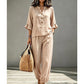 ✨ Set Elegant 2 Piese – Top cu Volănașe & Nasturi + Pantaloni Drepți, Linen-Like, Confortabil, 6 Culori, Mărimi S-3XL