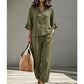 ✨ Set Elegant 2 Piese – Top cu Volănașe & Nasturi + Pantaloni Drepți, Linen-Like, Confortabil, 6 Culori, Mărimi S-3XL