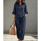 ✨ Set Elegant 2 Piese – Top cu Volănașe & Nasturi + Pantaloni Drepți, Linen-Like, Confortabil, 6 Culori, Mărimi S-3XL