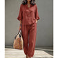 ✨ Set Elegant 2 Piese – Top cu Volănașe & Nasturi + Pantaloni Drepți, Linen-Like, Confortabil, 6 Culori, Mărimi S-3XL