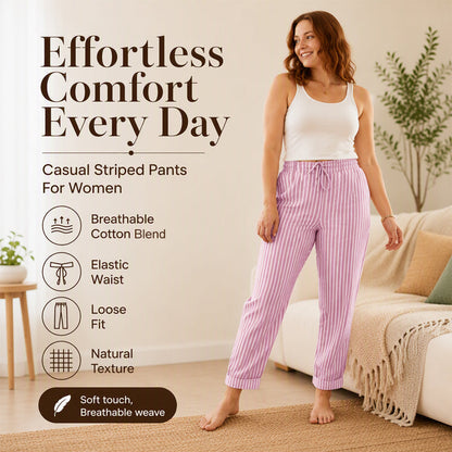 Pantaloni Casual din Bumbac-In cu Dungi Fine, Talie Elastică cu Șnur, Croit Lejer — Confortabili, Respiranți, Naturali