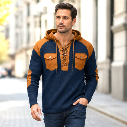 🧶 Detalii Robust, Confort Ușor | Hanorac cu Glugă pentru Bărbați, Tricotat în Model Waffle, cu Șiret