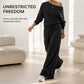 Costum de damă cu top tip off-shoulder și pantaloni evazați