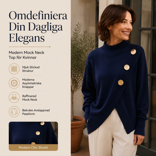 Kvinnors tröja med asymmetrisk fåll, hög halvvalsad krage och stickad design
