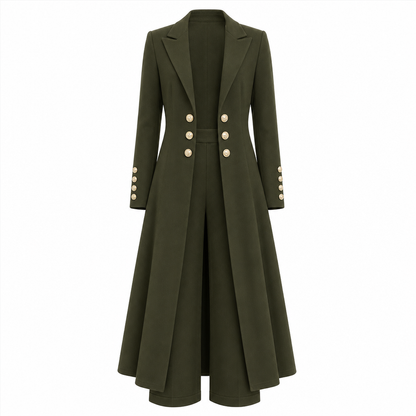 Kvinnlig elegant höst-outfit i två delar med retro långärmad kavaj och enkla byxor