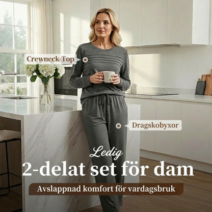 🔥 Kvinnors set med rundhalsad topp och byxor med dragsko
