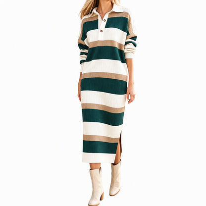 🎉 Nyhet! 👗 Randig stickad klänning med krage för kvinnor – mjuk, varm, bekväm, perfekt för höst och vinter. ✨